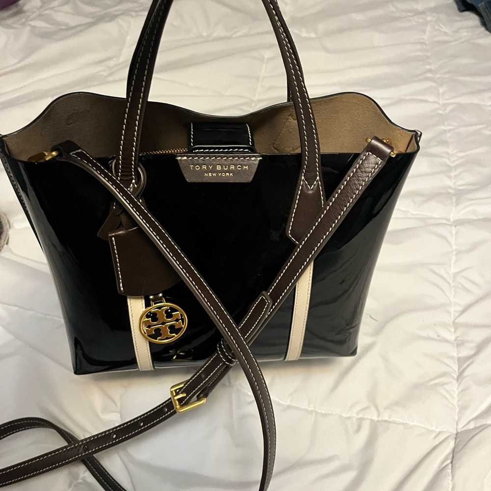 Tory Burch Black and Brown Tote Bag with Structured Design